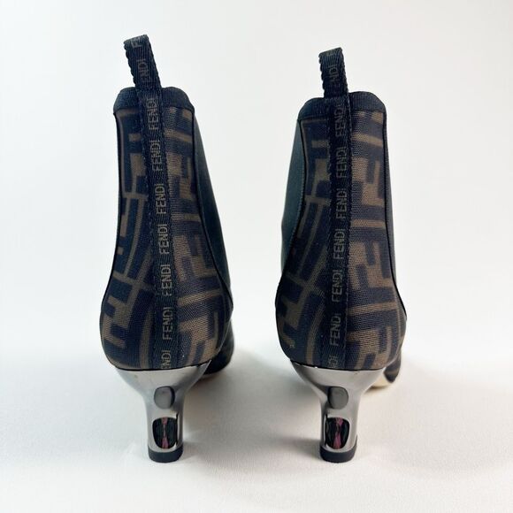 FENDI Colibri Mesh Leather Chelsea Booties Size 37.5 Brown Black FF Ankle Boots - Picture 6 of 15